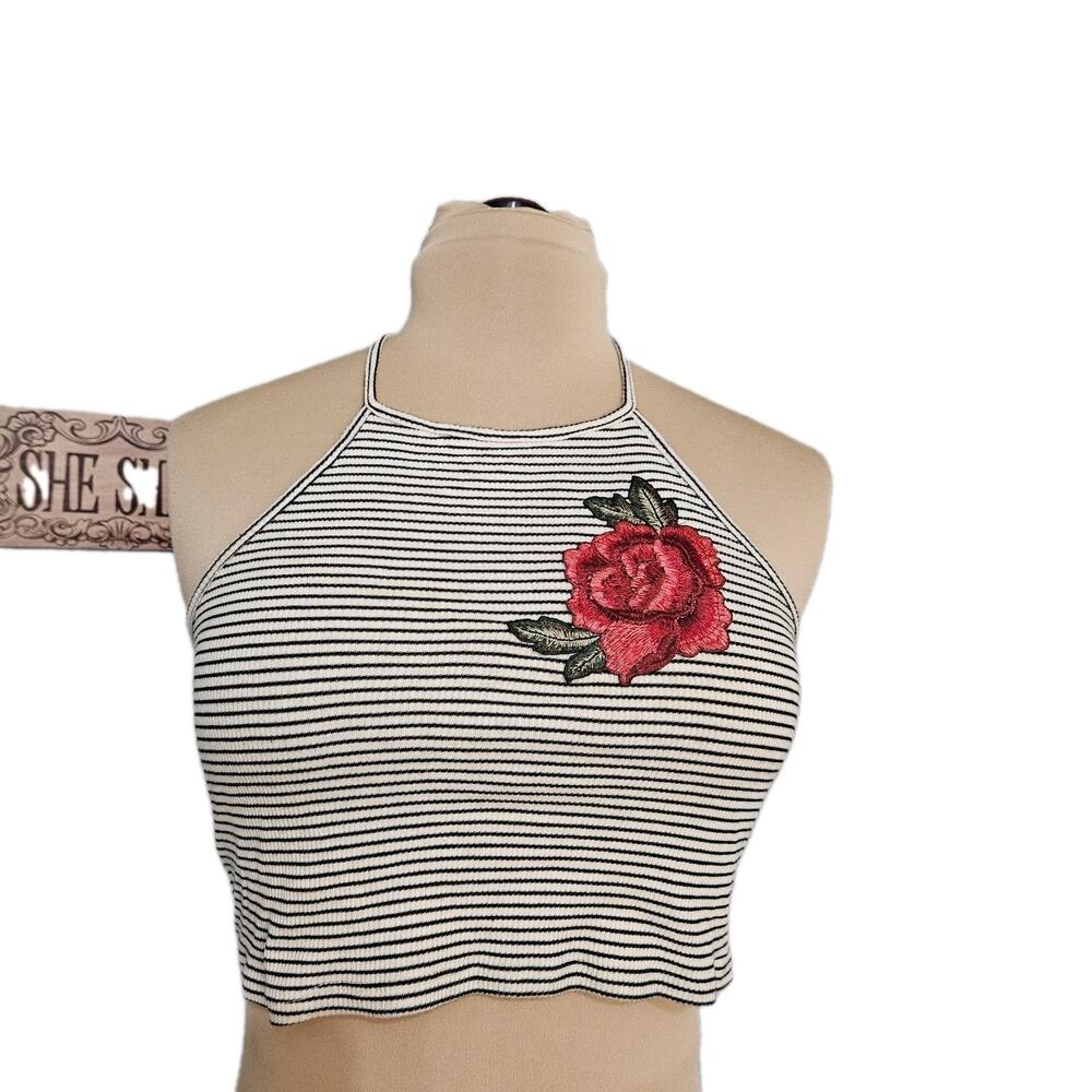 White Fawn Top Rose Embroidered Halter Crop Top Large Striped Summer Y2K Floral